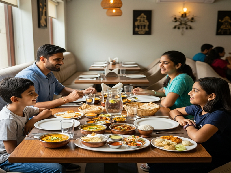 Family enjoying lunch at a restaurant in Sadashiv Peth