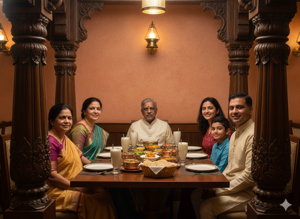 Three-generation family dining at the Best Family Restaurant in Sadashiv Peth