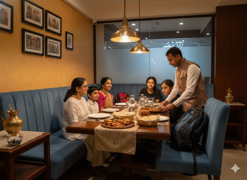 Family enjoying late evening dining at the Best Family Restaurant in Swarget