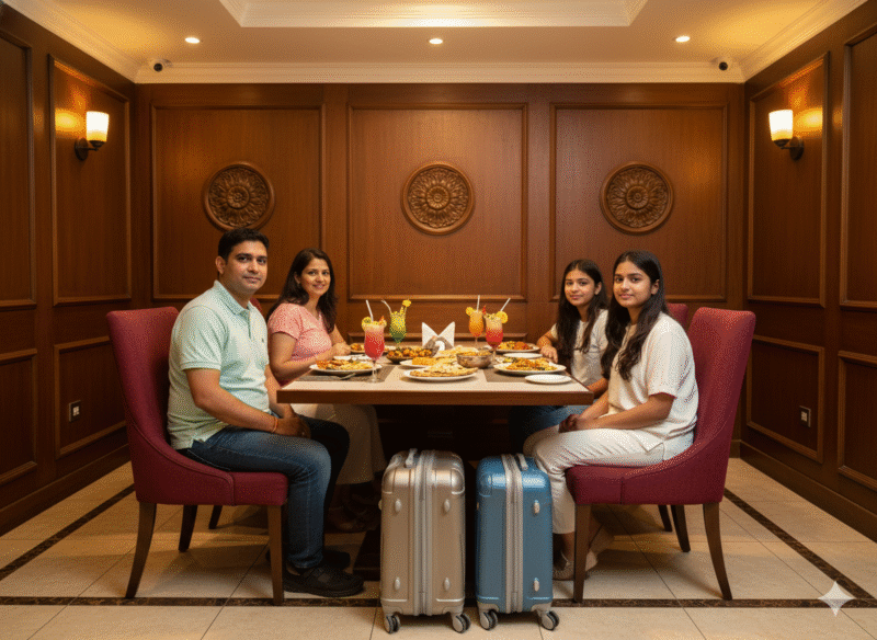 Family having dinner at the Best Family Restaurant in Swarget near bus stand